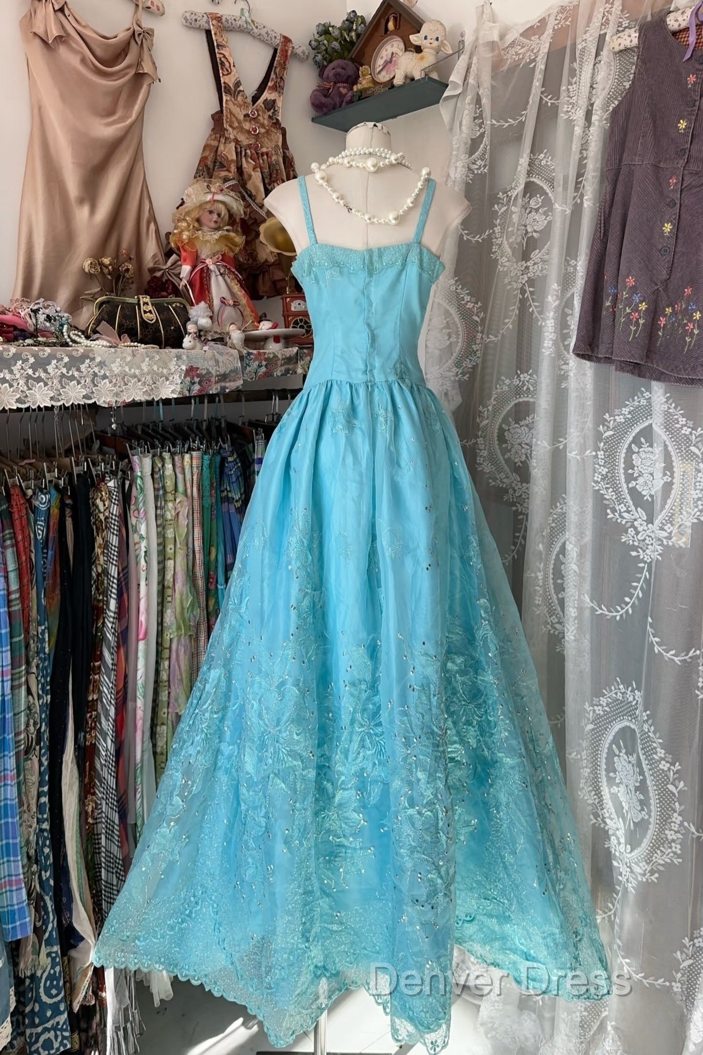 Vintage Fashion A Line Spaghetti Straps Light Blue Floor Length Evening Dresses Prom Dresses