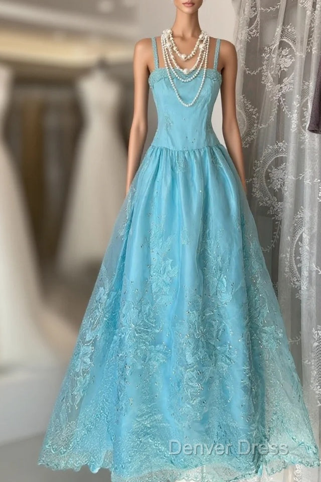 Vintage Fashion A Line Spaghetti Straps Light Blue Floor Length Prom Dress Main image