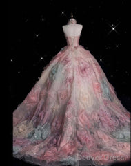 Vintage Fashion Ball Gown Strapless Pink Floral Floor Length Evening Dress Prom Dresses