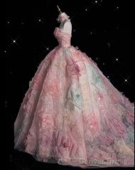 Vintage Fashion Ball Gown Strapless Pink Floral Floor Length Evening Dress Prom Dresses