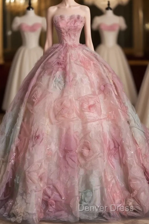 Vintage Fashion Ball Gowns Strapless Pink Floral Floor Length Prom Dress Main image