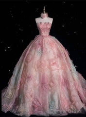 Vintage Fashion Ball Gown Strapless Pink Floral Floor Length Evening Dress Prom Dresses
