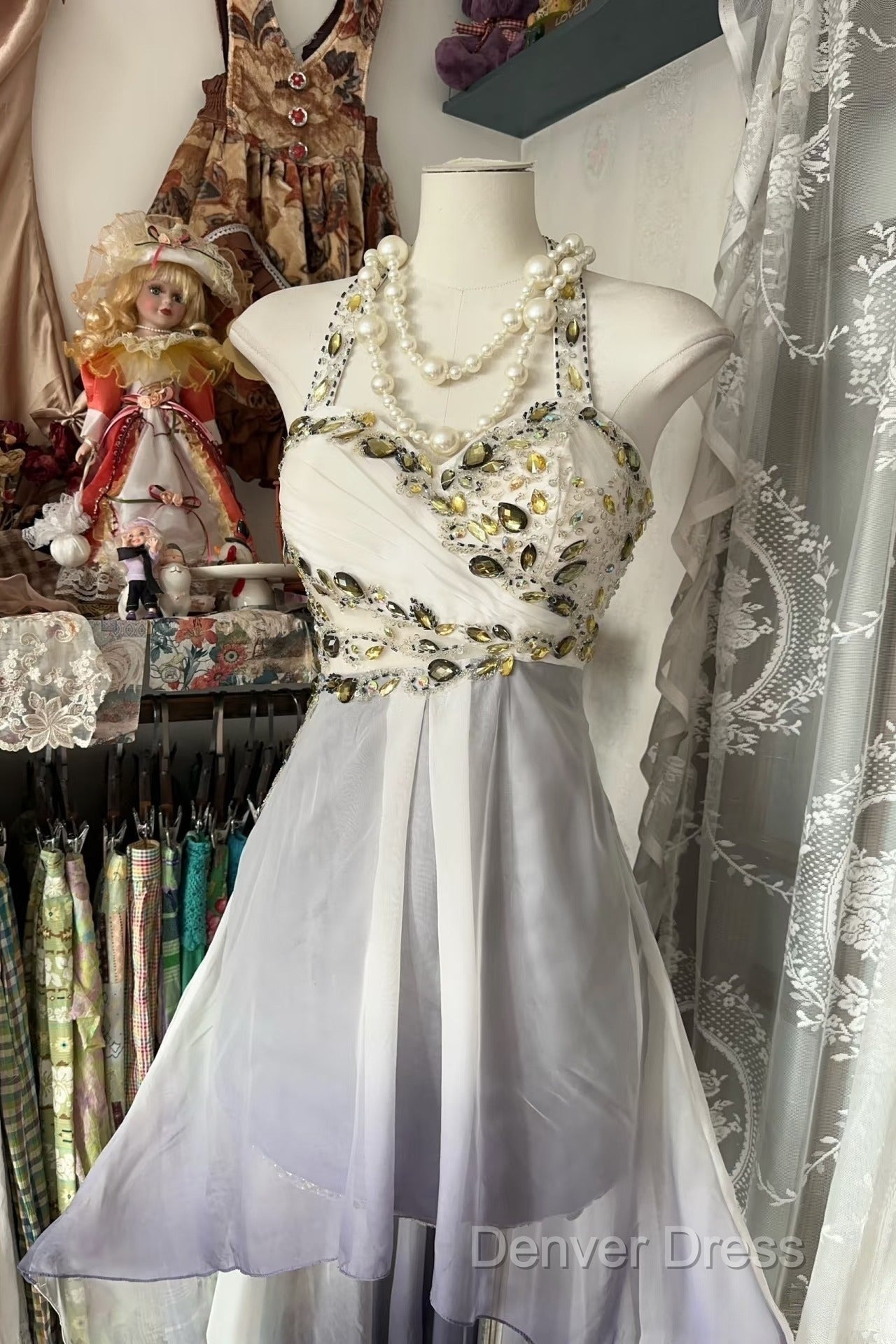 Vintage Fashion High Low Halter Ombre Gray Chiffon Prom Dress