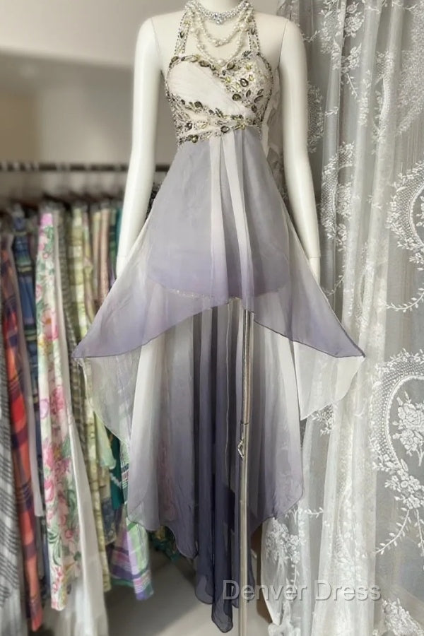 Vintage Fashion High Low Halter Ombre Gray Chiffon Prom Dress