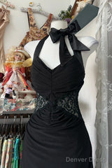 Vintage Fashion Mermaid Halter Black Floor Length Evening Dress Prom Dresses
