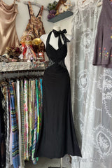 Vintage Fashion Mermaid Halter Black Floor Length Evening Dress Prom Dresses