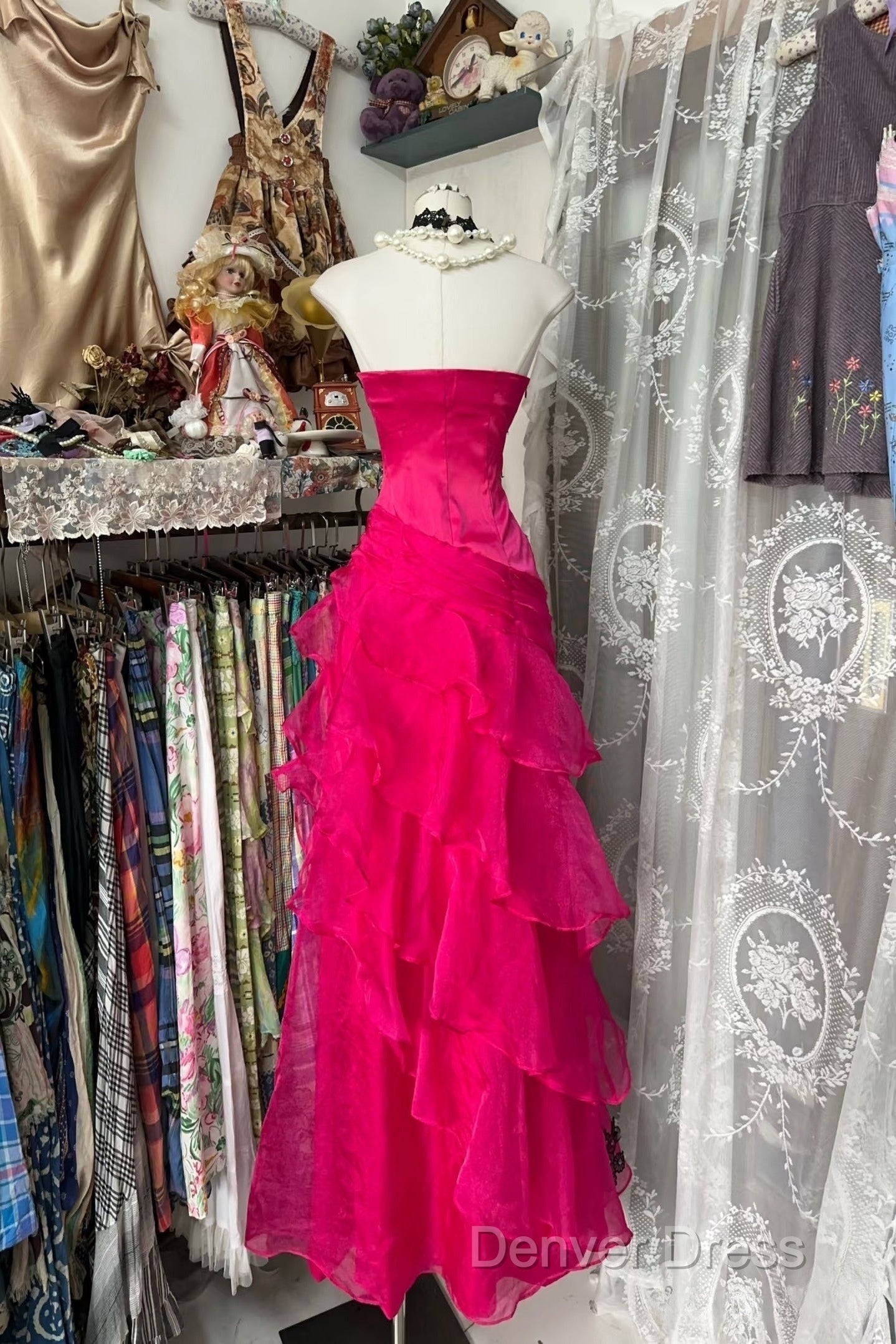 Vintage Fashion Mermaid Strapless Hot Pink Floor Length Prom Dress Secondary image