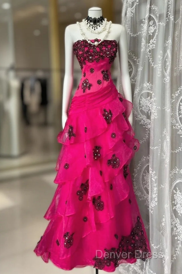 Vintage Fashion Mermaid Strapless Hot Pink Floor Length Prom Dress Main image