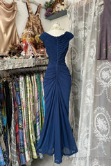 Vintage Fashion Mermaid V Neckline Navy Blue Floor Length Evening Dress Prom Dresses