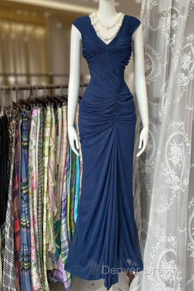 Vintage Fashion Mermaid V Neckline Navy Blue Floor Length Prom Dress Main image