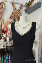 Vintage Fashion Sheath Straps Black Slit Floor Length Evening Dress Prom Dresses