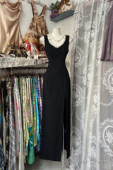 Vintage Fashion Sheath Straps Black Slit Floor Length Evening Dress Prom Dresses