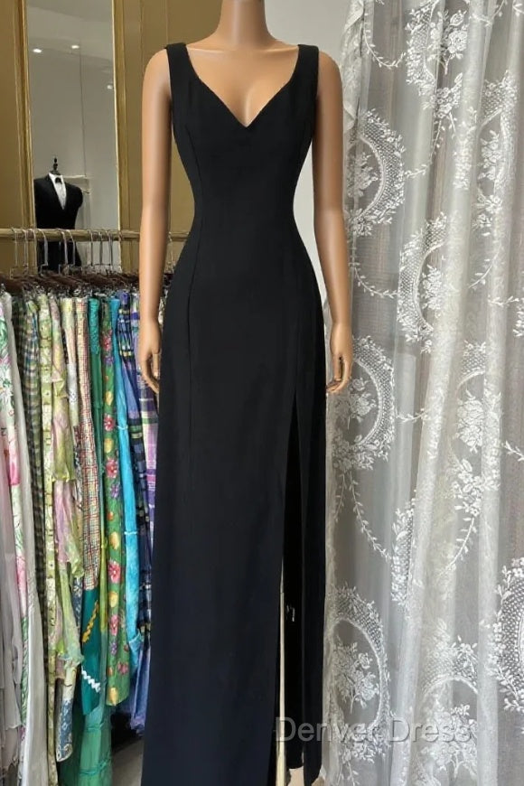 Vintage Fashion Sheath Straps Black Slit Floor Length Evening Dresses Prom Dresses Main image