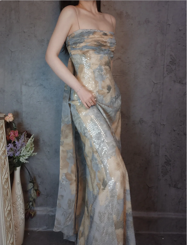 Vintage Fitted Spaghetti Strap Sequined Long Prom Dresses Evening Dresses