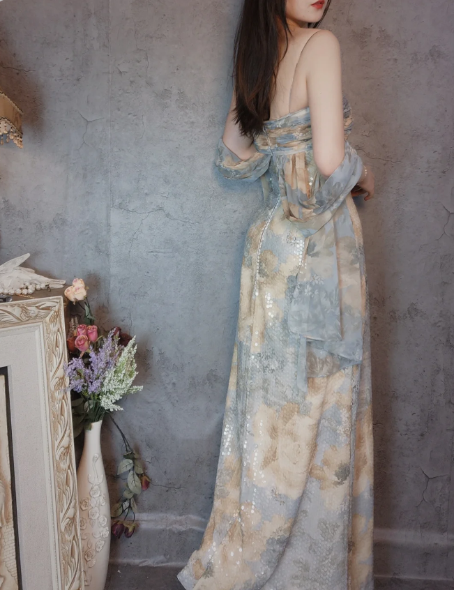 Vintage Fitted Spaghetti Strap Sequined Long Prom Dresses Evening Dresses