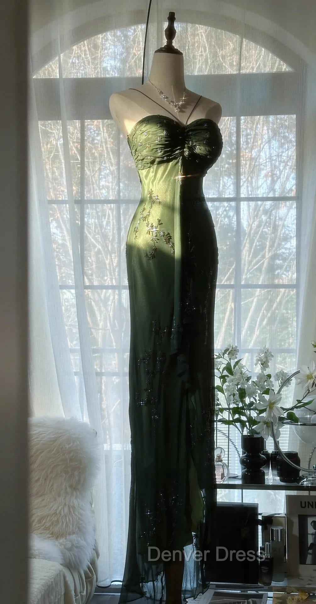 Vintage Forest Green Prom Dresses For Party&Quinceanera-Elegant Spaghetti Straps Glitter Beaded Evening Gown Secondary image