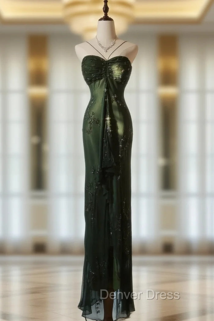 Vintage Forest Green Prom Dresses For Prom&Quinceanera Elegant Spaghetti Straps Glitter Beaded Prom Gowns Main image