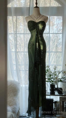 Vintage Forest Green Prom Dress For Party&Quinceanera-Elegant Spaghetti Straps Glitter Beaded Evening Gown