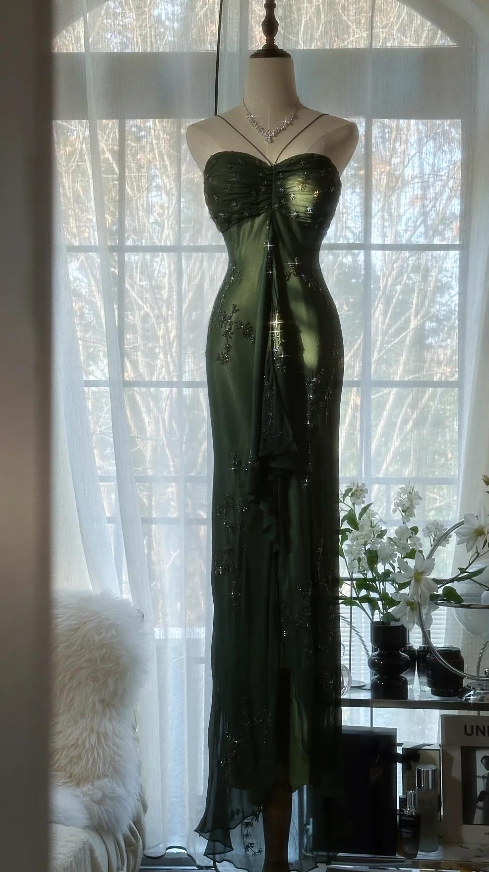 Vintagee??? Forest Green Spaghetti Straps Long Prom Dress Glitter Chiffon Beaded Elegant Prom Dresses Secondary image