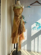 Vintage Gold-Brown Irregular Strap Pleated Satin Prom Dresses Evening Dresses