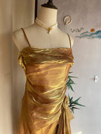 Vintage Gold-Brown Irregular Strap Pleated Satin Prom Dresses Evening Dresses