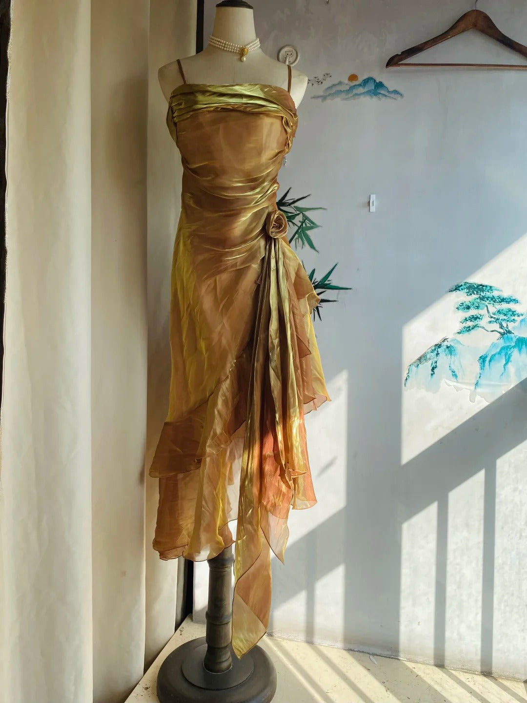Vintage Gold-Brown Irregular Strap Pleated Satin Prom Dresses Evening Dresses