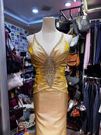 Vintage Gold Mermaid V-Neck Sequined Satin Long Prom Dresses Evening Dresses