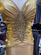 Vintage Gold Mermaid V-Neck Sequined Satin Long Prom Dresses Evening Dresses