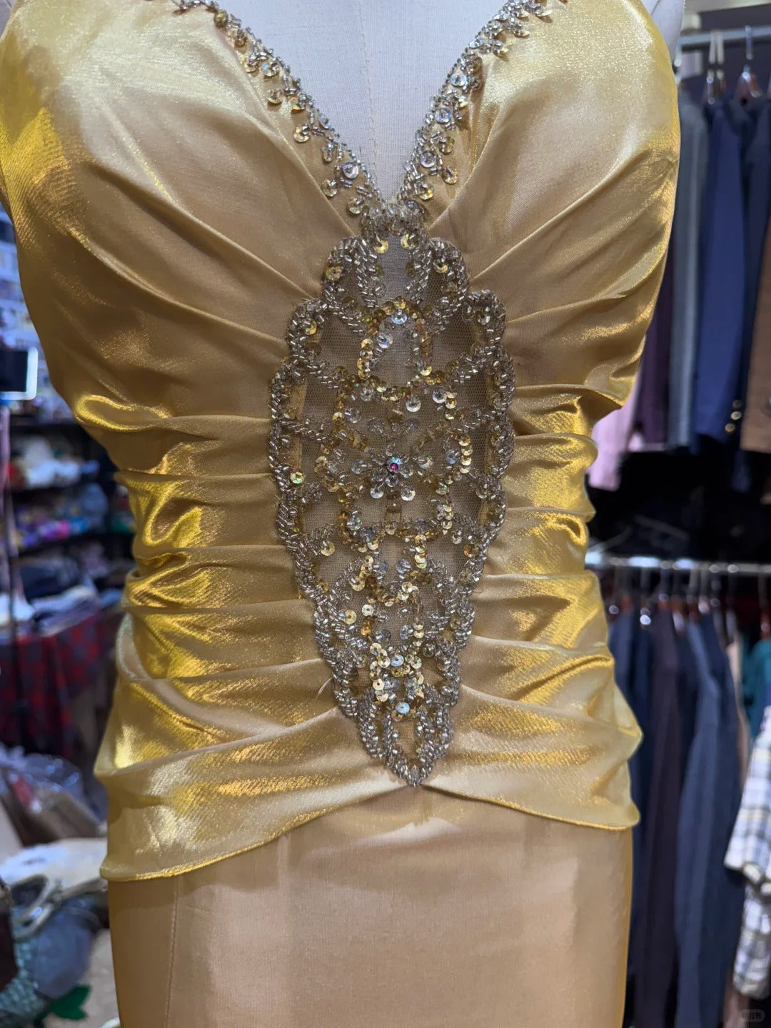 Vintage Gold Mermaid V-Neck Sequined Satin Long Prom Dresses Evening Dresses