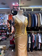 Vintage Gold Mermaid V-Neck Sequined Satin Long Prom Dresses Evening Dresses