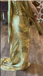 Vintage Gold Spaghetti Strap Silk Sheath Prom Dresses Beaded Prom Gown With Scarf