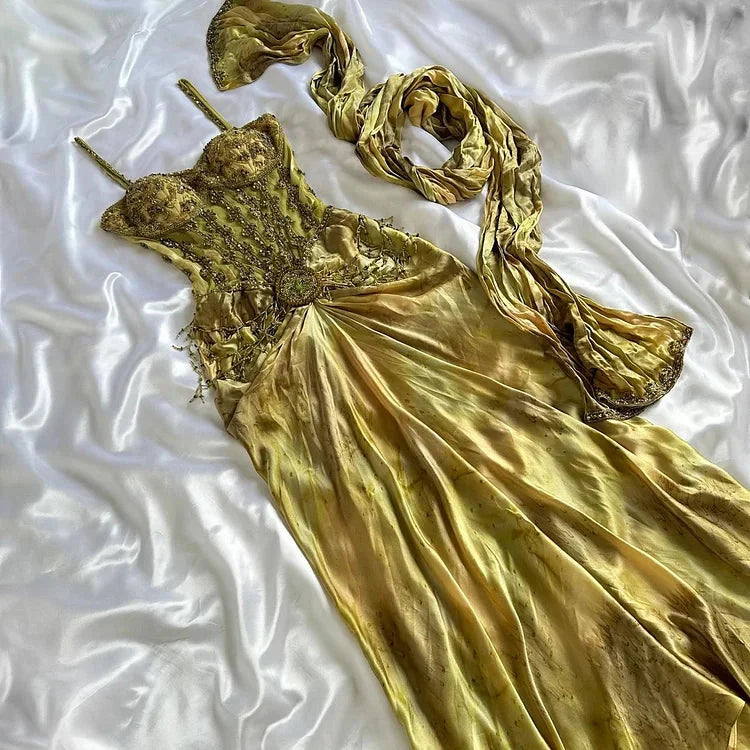 Vintage Gold Spaghetti Strap Silk Sheath Prom Dresses Beaded Prom Gown With Scarf