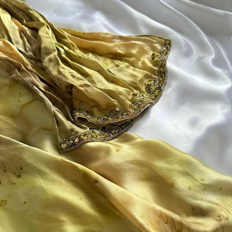 Vintage Gold Spaghetti Strap Silk Sheath Prom Dresses Beaded Prom Gown With Scarf
