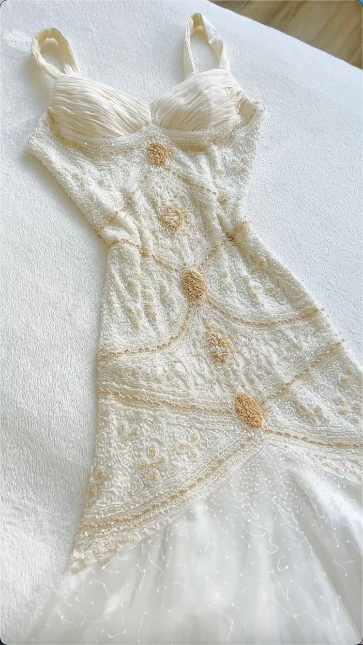 Vintage Gorgeous A Line StraP Beaded Ivory Chiffon Prom Dress Main image