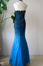 Vintage Gradient Blue Halter Mermaid Beaded Chiffon Long Prom Dress Evening Dress