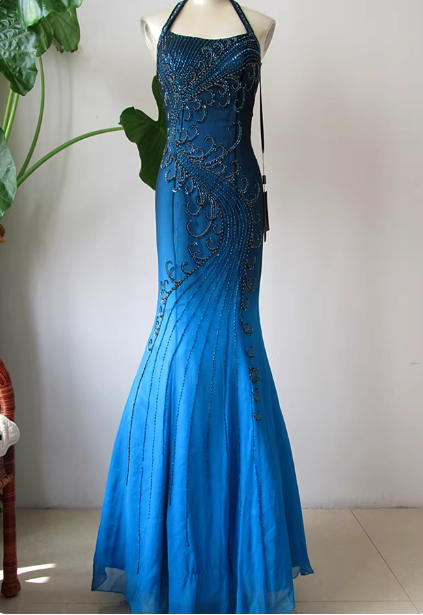 Vintage Gradient Blue Halter Mermaid Beaded Chiffon Long Prom Dress Evening Dress Main image