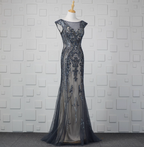 Vintage Gradient Grey-Blue Mermaid Crew Neck Beaded Sequin Tulle Long Prom Dresses Evening Dresses