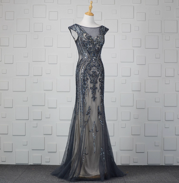 Vintage Gradient Grey-Blue Mermaid Crew Neck Beaded Sequin Tulle Long Prom Dresses Evening Dresses