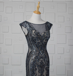 Vintage Gradient Grey-Blue Mermaid Crew Neck Beaded Sequin Tulle Long Prom Dresses Evening Dresses