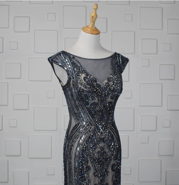 Vintage Gradient Grey-Blue Mermaid Crew Neck Beaded Sequin Tulle Long Prom Dresses Evening Dresses