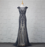 Vintage Gradient Grey-Blue Mermaid Crew Neck Beaded Sequin Tulle Long Prom Dresses Evening Dresses
