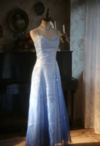 Vintage Gradient Light Blue A-Line Spaghetti Strap Beaded Tulle Long Prom Dresses Evening Dresses