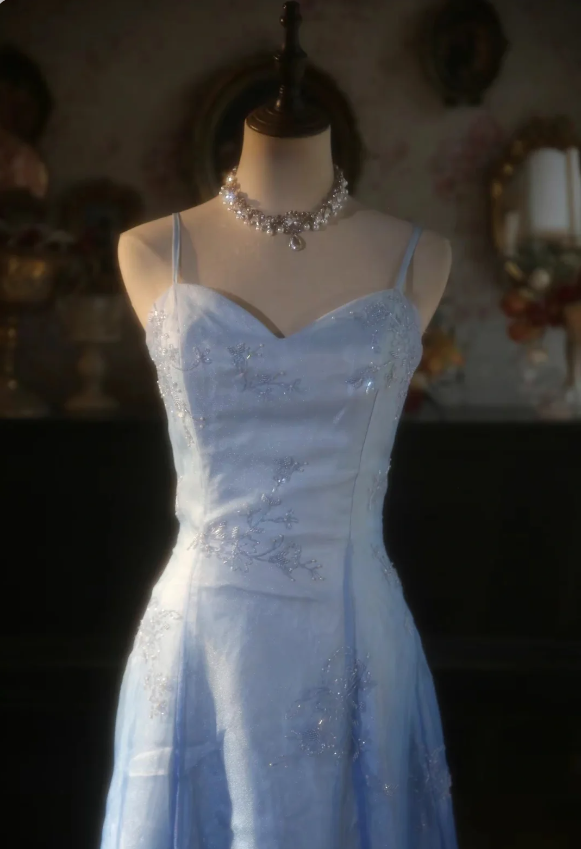 Vintage Gradient Light Blue A-Line Spaghetti Strap Beaded Tulle Long Prom Dresses Evening Dresses