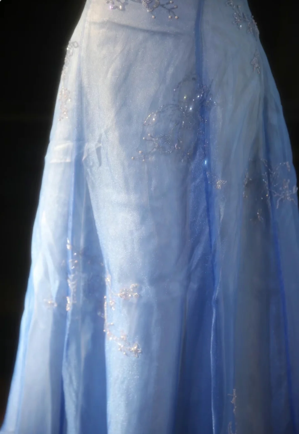 Vintage Gradient Light Blue A-Line Spaghetti Strap Beaded Tulle Long Prom Dresses Evening Dresses