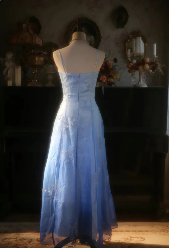 Vintage Gradient Light Blue A-Line Spaghetti Strap Beaded Tulle Long Prom Dresses Evening Dresses