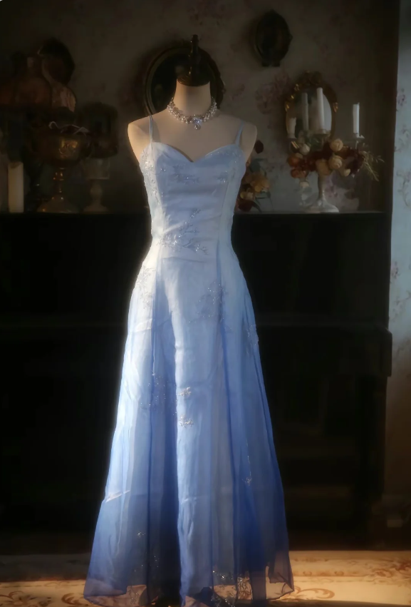 Vintage Gradient Light Blue A-Line Spaghetti Strap Beaded Tulle Long Prom Dresses Evening Dresses Main image