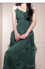 Vintage Green A-Line Spaghetti Strap Chiffon Long Prom Dress V-Neck Layered Evening Gown