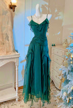 Vintage Green A-Line Spaghetti Strap Chiffon Long Prom Dress V-Neck Layered Evening Gown