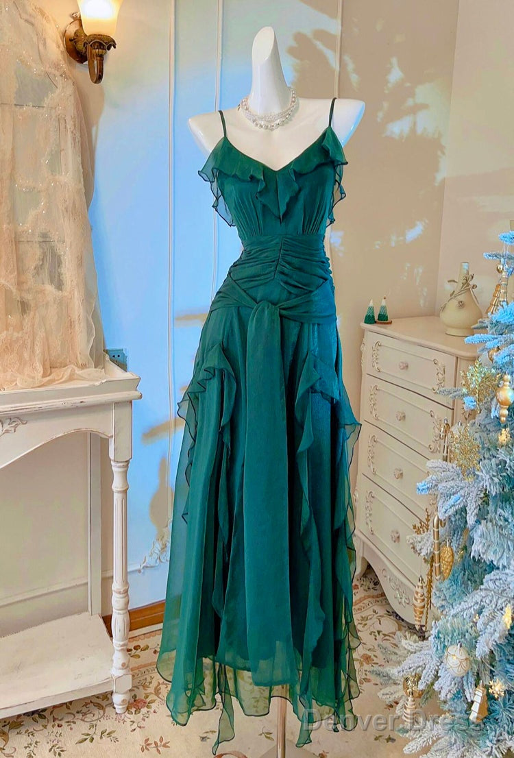 Vintage Green A-Line Spaghetti Strap Chiffon Long Prom Dress V-Neck Layered Evening Gown
