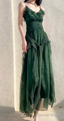 Vintage Green A-Line Spaghetti Strap Chiffon Long Prom Dress V-Neck Layered Evening Gown